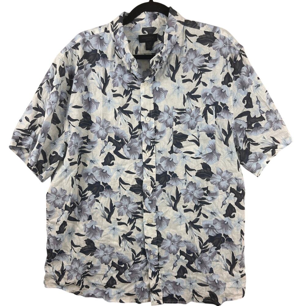 Magaschoni Men’s‎ Linen Floral Hawaiian Shirt XL Short Sleeve Blue Gray
